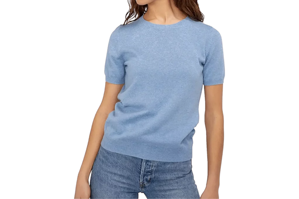 State Cashmere Short Sleeve Crew Top Sweater 100% Pure Cashmere Classic Jewel Neck Pullover Tee for Women