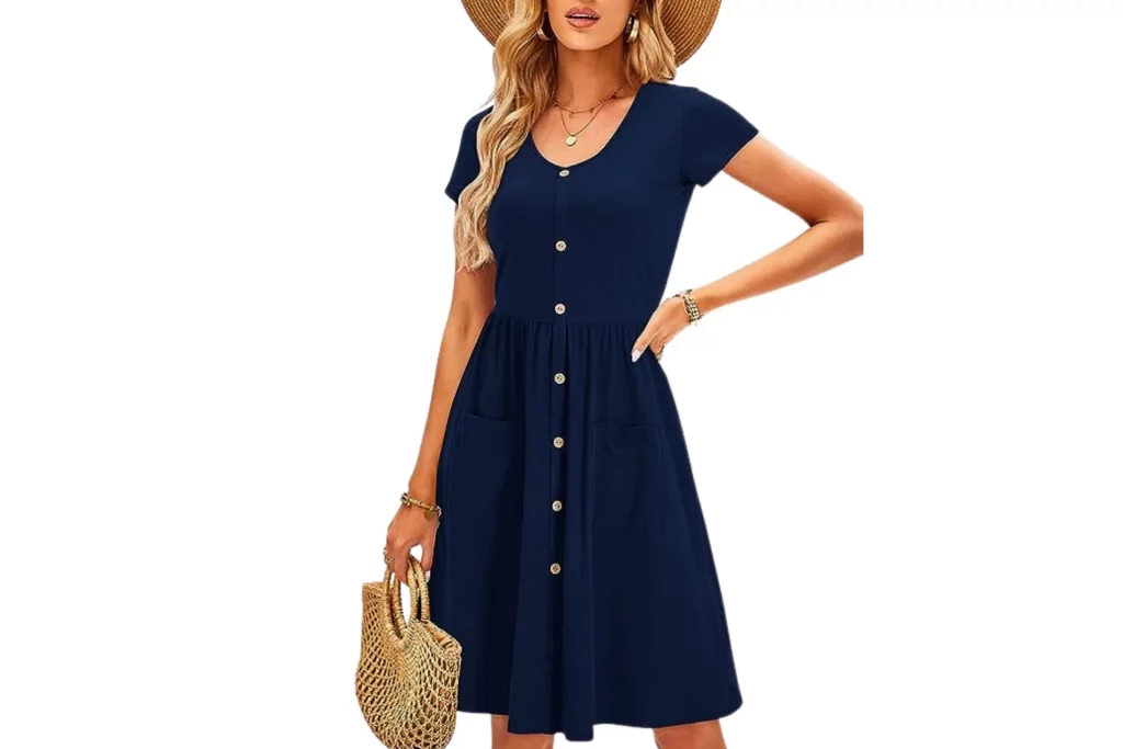 OUGES Women's V Neck Button Down Skater Dress with Pockets
