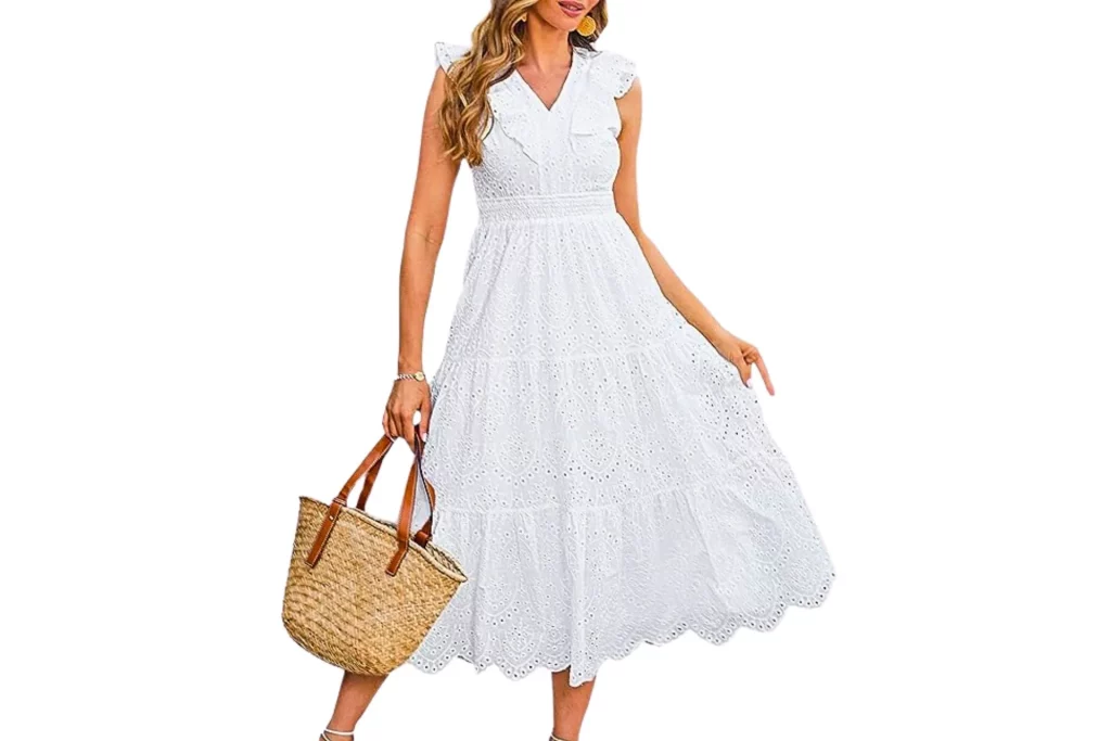 Tiered a Line Sunny Dress with Lining and Eyelet Smocked Lace Midi Dress with V-Neck Ruffle Cap