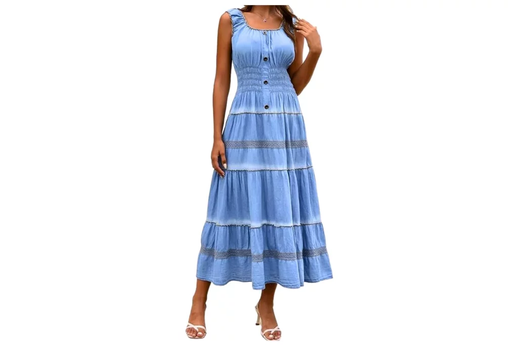 Women's Sleeveless Long Summer A-line Casual Blue Cotton Boho Flowy Sundress from DREFBUFY