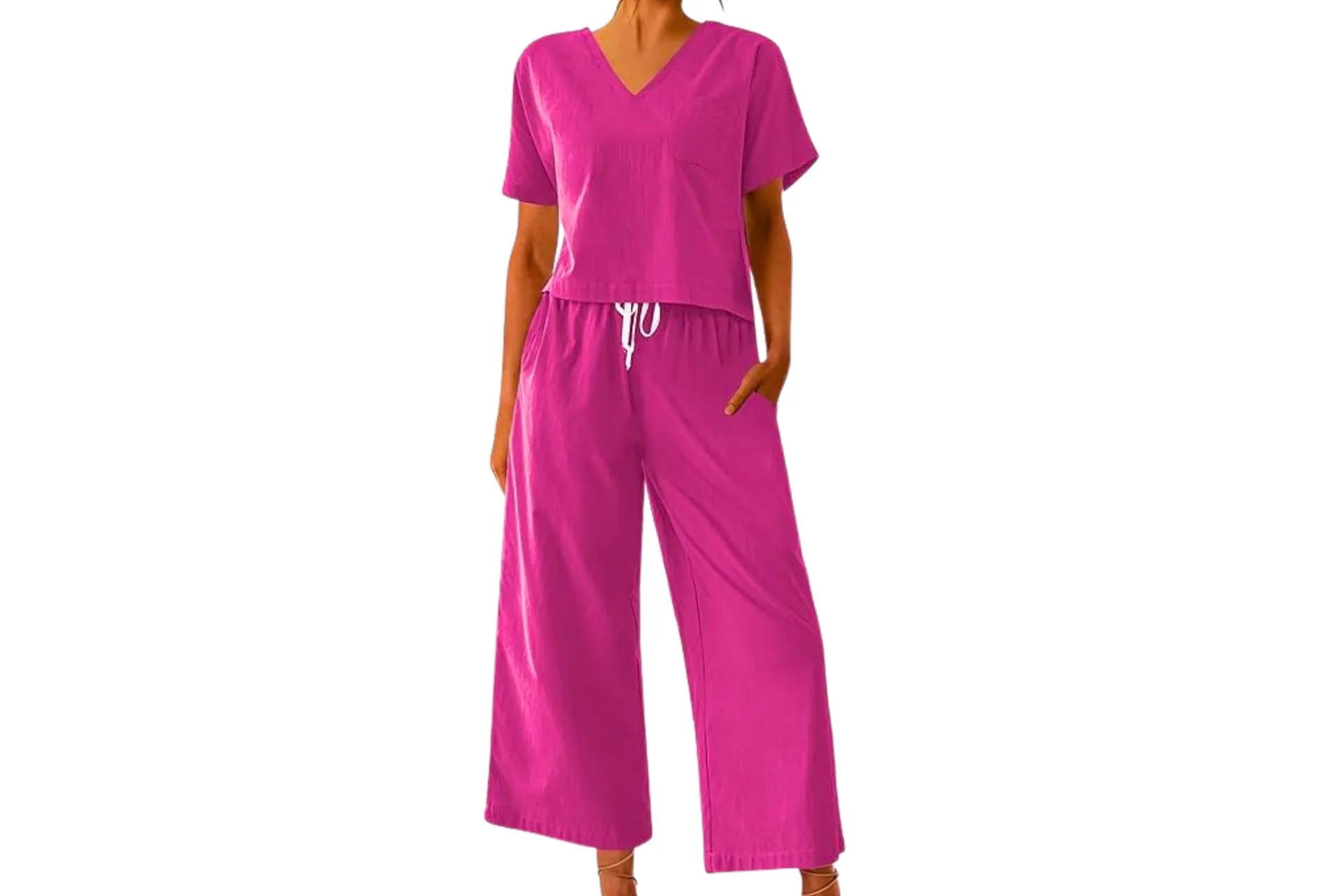 Ekouaer Women's 100 Cotton Linen Lounge Set Short Sleeve Top Pajamas Wide Leg Pants Loungewear Outfits Pocket S-XX